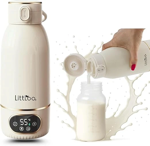LittLoo Chauffe Biberon Sans Fil Portable, 500ml, Nomade USB-C, Température Réglable 35-65°C, Pasteurisation, Inox SUS316 Sans BPA, Autonomie 8 Biberons, Voyage Voiture Nuit, Lait Maternel