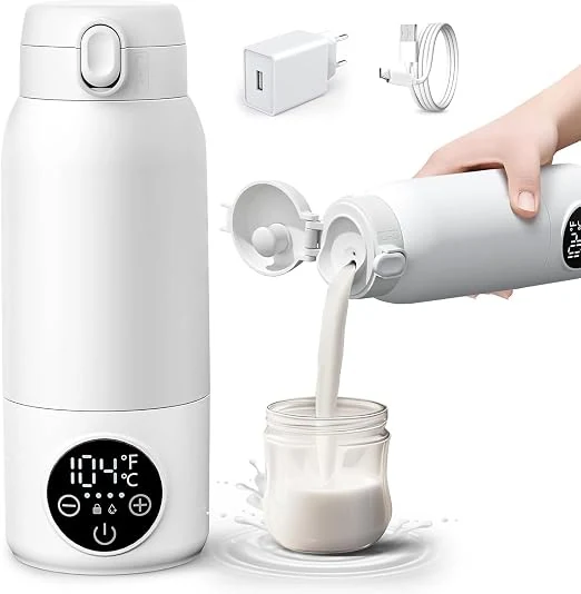 Chauffe-Biberon Nomade Portable Sans Fil 500ml, Chauffe Rapide Eau ou Lait, Chauffe Biberon Portable à Température Constante, Température Réglable, pour la Voiture et les Voyages